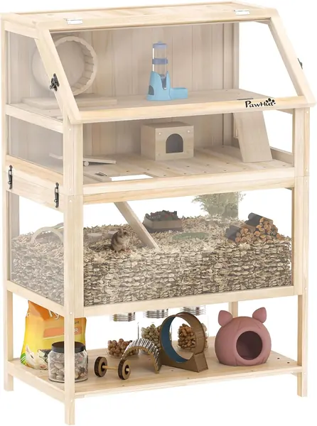 Hamsterkäfig aus Holz 3 Etagen Laufrad 80 x 53 x 117 cm