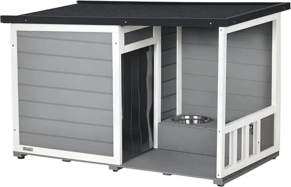 Hundehütte aus Holz – Hundehaus mit 2 Schüsseln, Terrasse