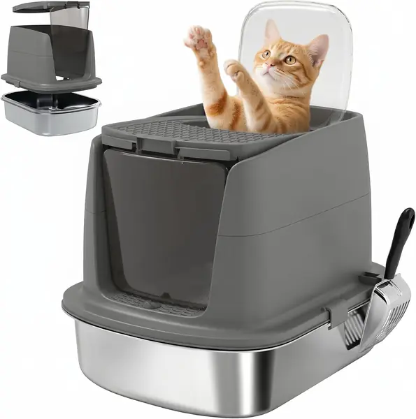 Katzenklo Edelstahl mit Deckel XL 52 – 8 cm Dunkelgrau