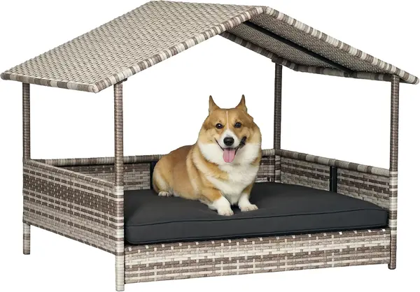 Rattan Hundeliege Outdoor mit Dach 69 x 98 x 70 cm Grau