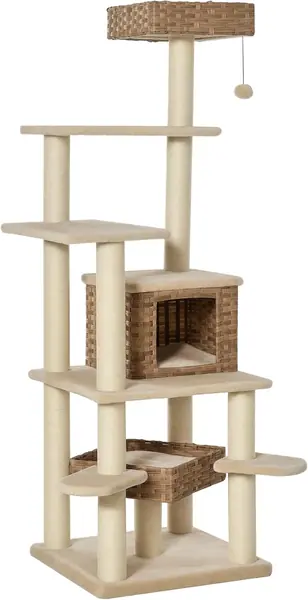 Rattan Kratzbaum mit Katzenhöhle Mehrstufiger Katzenbaum